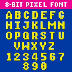 Retro video game pixel letters and numbers font, digital alphabet