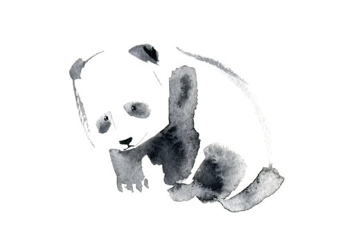 Postcard with panda.Greeting card with animals.Watercolor hand drawn illustration.White background.