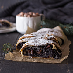 strudel on black background