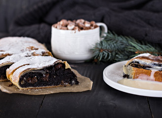 strudel on black background