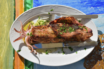 Mediterranean cuisine. Sea food. Stuffed squid