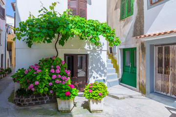 Traditional European Mediterranean architectural style in the streets and residential houses at summertime. Flowerpots stand on the stone steps.