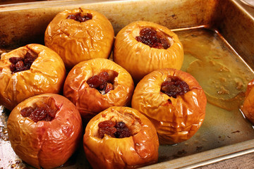 Hot baked apples stuffed with raisins and honey