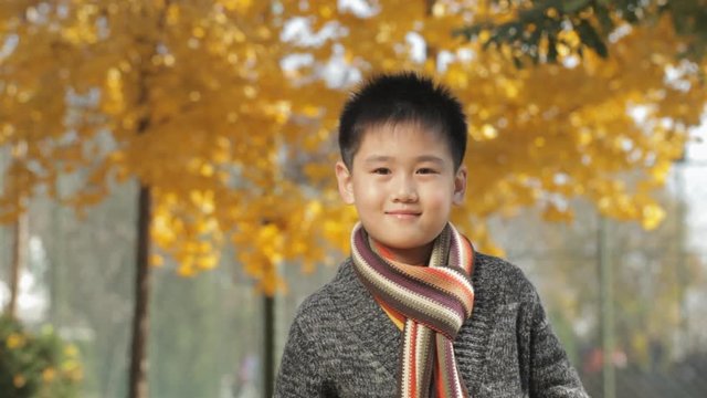 MS Portrait of boy wearing scarf, smiling at camera in park / China