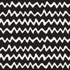 Vector Seamless Black and White Hand Drawn Wavy Stripes Pattern