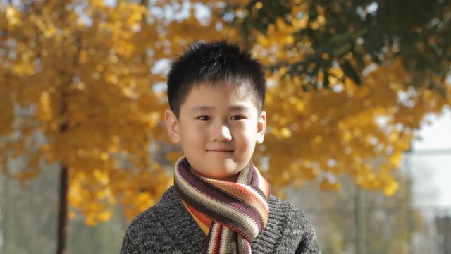 MS Portrait of boy wearing scarf, smiling at camera in park / China
