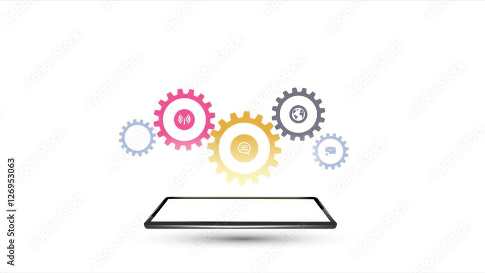 Poster smartphone with cloud of colorful infographics elements on white background. animated intro.