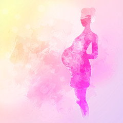 Expecting (pregnant) mother. Watercolor design element for pregnancy theme woman silhouette.