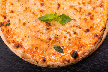 tasty and hot italian pizza with basil leaves and cheese