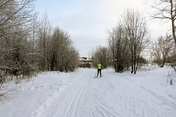 Ski track for skiers in the forest in a winter day