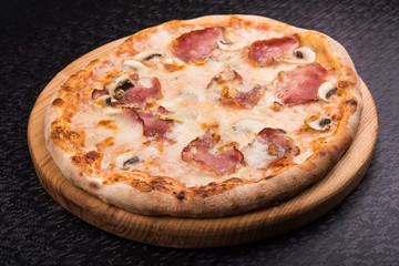 tasty italian pizza with bacon and mushrooms