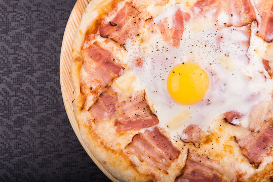 Pizza Carbonara With Bacon And Raw Hicken Egg