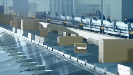 Parcels are Moving on Belt Conveyor at Post Sorting Office. Shot on RED Cinema Camera in 4K (UHD)