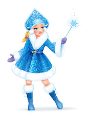 Vector illustration. Beautiful girl wearing short blue coat with white fur. Snow Maiden (Snegurochka), traditional  Russian Christmas character on white background.