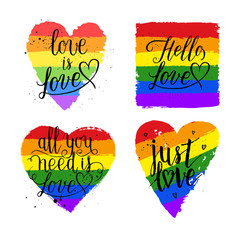 LGBT, gay and lesbian pride greeting cards, posters with spectrum hand drawn paint strokes, hearts, rainbow on Valentine's Day. Vector design elements with hand lettering isolated on white background.