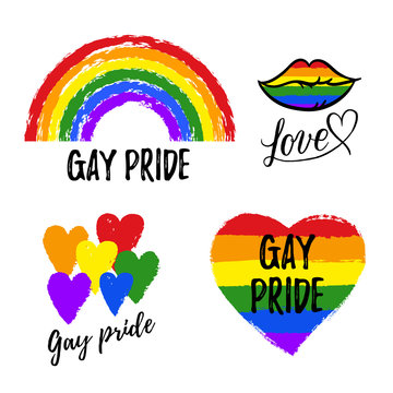 LGBT, gay and lesbian pride greeting cards, posters with spectrum hand drawn paint stroke, heart, lip, rainbow. Vector elements with Gay Pride lettering isolated on white background. LGBT concept.