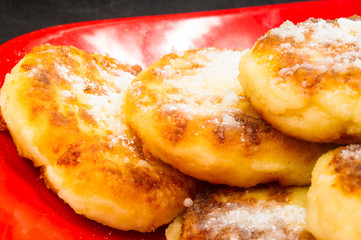red plate of pancakes