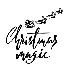 Silhouette Sleigh of Santa Claus and Reindeers. Christmas Lettering. Vector illustration