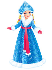 Vector illustration. Beautiful girl wearing long blue coat with white fur. Snow Maiden (Snegurochka), traditional  Russian Christmas character on white background.