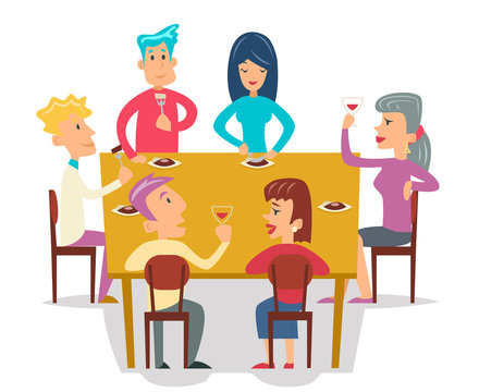 Group Friends Eat Meal Characters Celebration Meating Party Cartoon Design Vector illustration