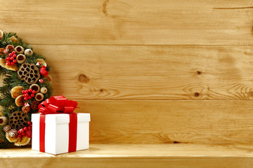 gift and wooden background 