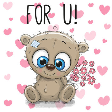 Valentine card Cute Cartoon Bear with flowers