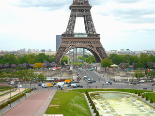 The Eiffel tower from Trocadero on a spring day. Street near the Eiffel tower. Spring in Paris, France
