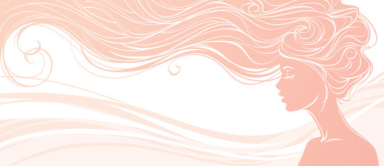 Vector illustration. Beautiful silhouette of long hair woman on pink background. Concept design for beauty salons, spa, cosmetics, fashion and beauty industry.