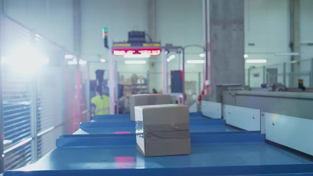 Parcels are Moving on Belt Conveyor at Post Sorting Office. Shot on RED Cinema Camera in 4K (UHD)