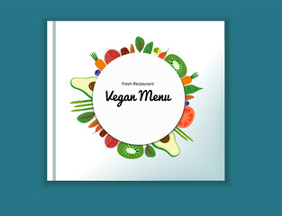Vegan Restaurant cafe menu, superfood vegetable fruit template design. Food round flyer. Vector flat