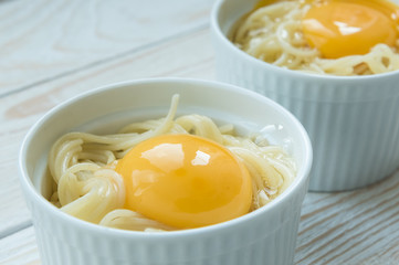 Cooking pasta with egg and bacon