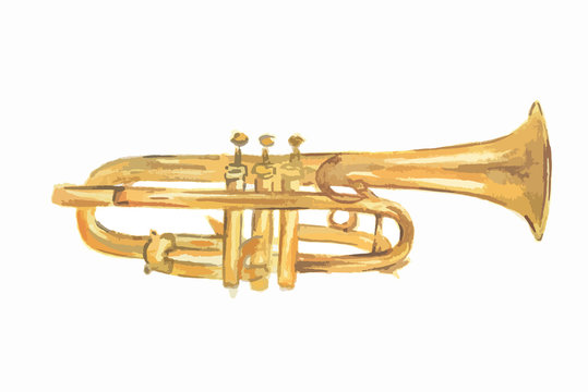 Isolated watercolor trumpet on white background. Beautiful classic instrument.