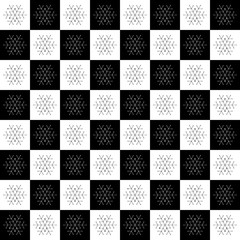 Christmas seamless pattern on chessboard background. New Year wallpaper. Winter black and white wrapping with snowflakes.