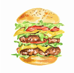 Isolated hamburger on white background. Fresh and delicious hamburger with tomatoes, lettuce, meat and sauce. Watercolor art.