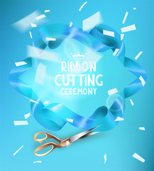 Ribbon cutting ceremony invitation card with blue ribbon, scissors and white flying confetti. Vector illustration