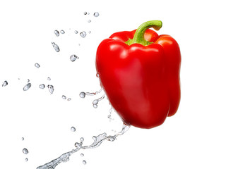 Water splash and vegetables isolated on white backgroud with clipping path. Fresh bell pepper