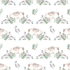 Seamless pattern with watercolor rabbits and green branches, hand drawn isolated on a white background