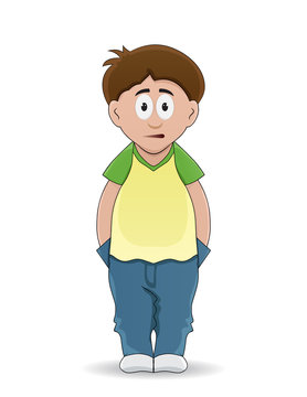 cartoon boy put hand on pocket and looking forward with fear face
