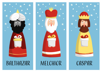 Cute set of Christmas greeting cards, gift tags with three magi. Biblical kings Caspar, Melchior and Balthazar. Flat design.