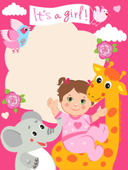 Baby Girl Shower Invitation Card With Funny Giraffe, Elephant And Bird. Vector Cartoon Illustration. Invitation Card Template, Design, Ideas, Sample.