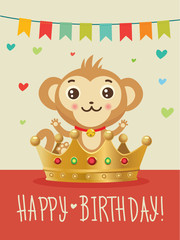 Happy Birthday To You. Wish, Humour, Friendship Greeting Card. Funny Happy Birthday. Birthday Wishes. Monkey And Gold Crown. Animal Vector.