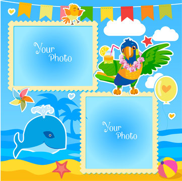 Vacation Summer Photo Frames With Sea, Whale and Parrot. Decorative Cartoon Template For Baby, Family Or Memories. Summer Photo Ideas.