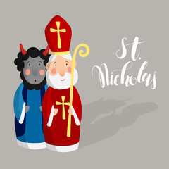 Cute Saint Nicholas with devil and lettering text. Christmas invitation card, vector illustration, winter background
