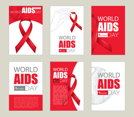 Vector design set with cards and template with red ribbon, earth planet and text. AIDS Awareness symbols in sketch style. Collection templates for AIDS day 1 December with world map and ribbons.