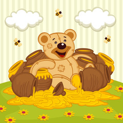 teddy bear among   pot of honey on meadow - vector illustration, eps
