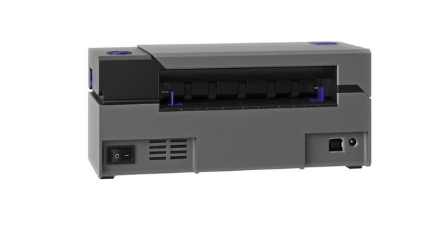 Barcode printer gray office technology, alpha channel. 3D animation loop