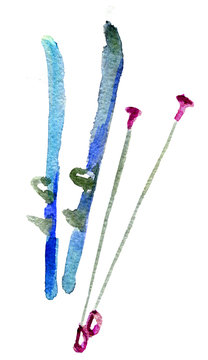 watercolor sketch of skis on white background