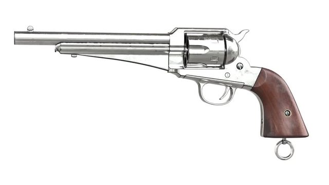 Gun cowboy chrome revolver with wood handle, alpha channel. 3D animation loop