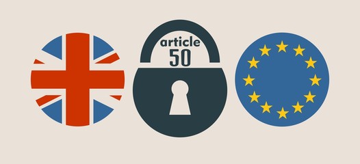Obraz premium United Kingdom exit from Europe relative image. Brexit named politic process. Round flags. Article 50 text