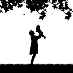 Mother plays with her child in the park, one in the series of similar images silhouette